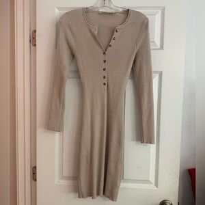 ASTR Ribbed Long Sleeve Dress - Beige - Small